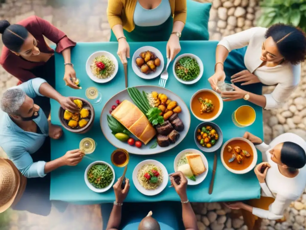 Un festín al aire libre con variedad de platos sin gluten y gente diversa disfrutando juntos, ideal para Consejos viajar sin gluten