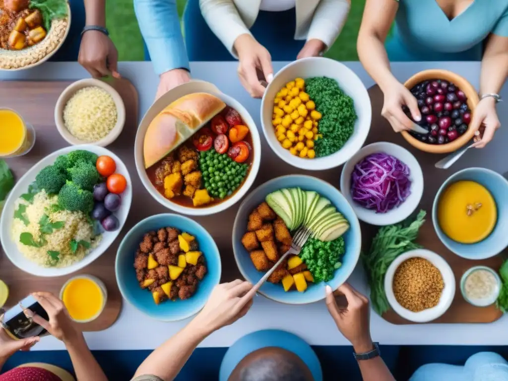 Un festín alegre y colorido de personas diversas disfrutando de una comida sin gluten, desmitificando la enfermedad celíaca