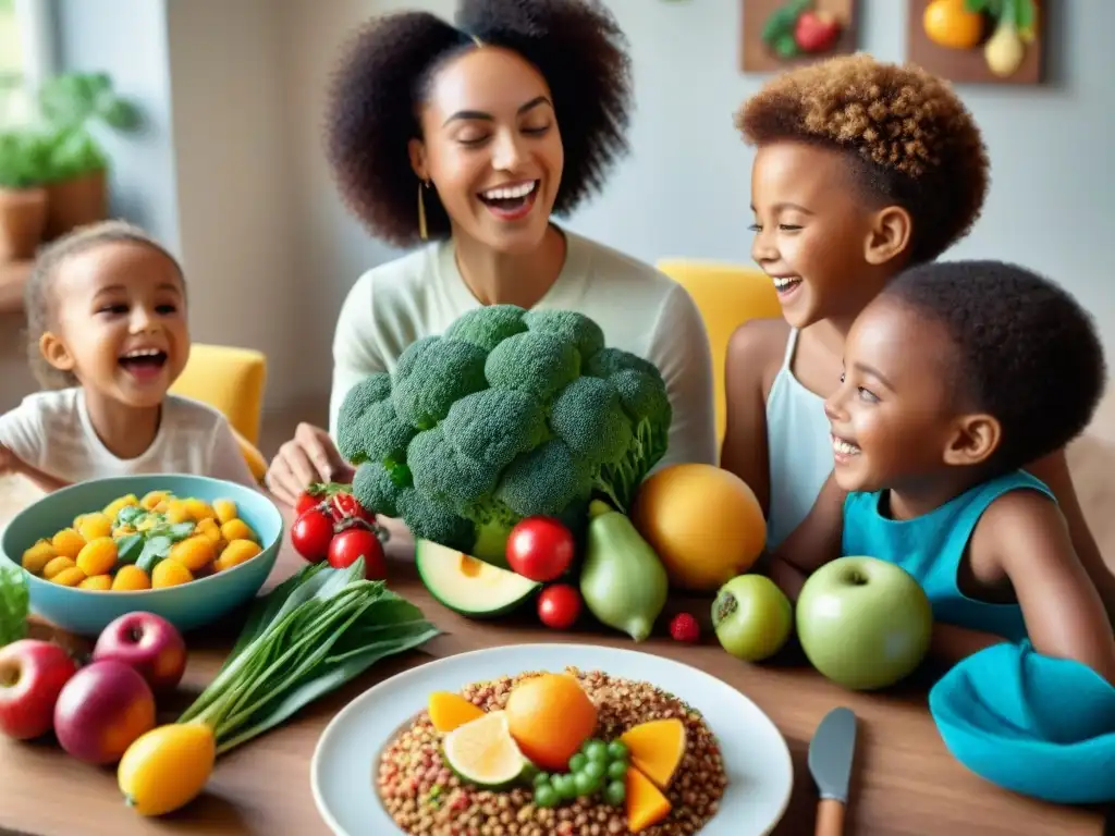 Un festín alegre y diverso para niños con dieta vegana sin gluten, rodeados de comida colorida y saludable