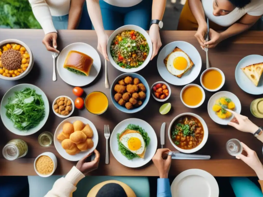 Un festín de alegría y diversidad: personas de distintas edades y etnias disfrutan juntas de una comida sin gluten, demostrando inclusión y calidez