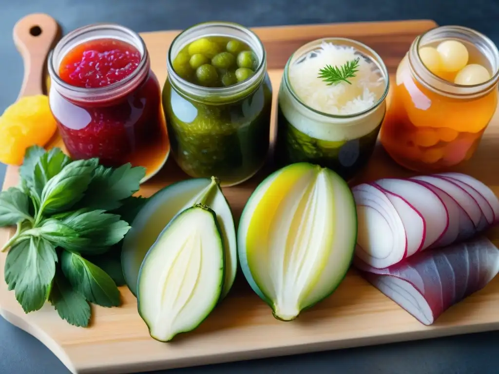 Un festín de alimentos fermentados sin gluten: pickles, sauerkraut, kimchi, kombucha y kefir, colores vibrantes y texturas