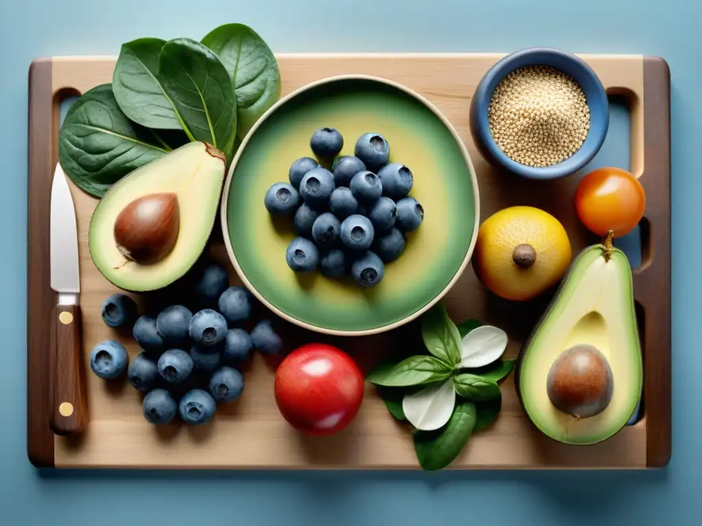 Un festín de alimentos sin gluten para cerebro: frutas y verduras vibrantes, frescas y detalladas sobre tabla de madera