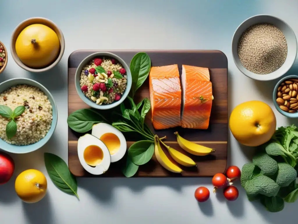 Un festín de alimentos sin gluten para deportistas, con frutas vibrantes, quinoa, salmón a la parrilla y semillas, en una cocina moderna