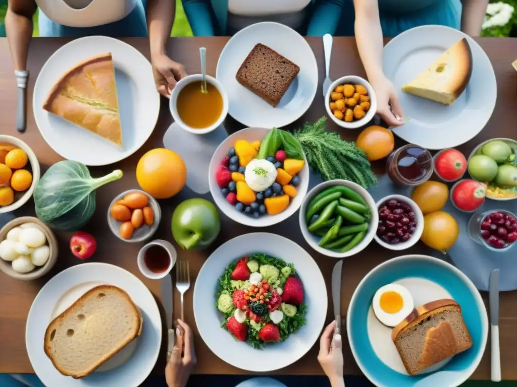 Un festín de alimentos orgánicos sin gluten en una mesa elegantemente decorada, compartido por un grupo diverso de personas sonrientes