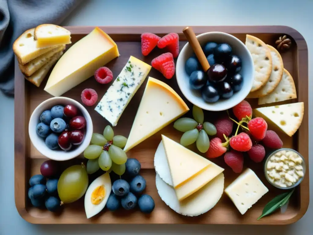 Un festín de aperitivos sin gluten fáciles, con frutas, quesos y embutidos en una tabla de madera