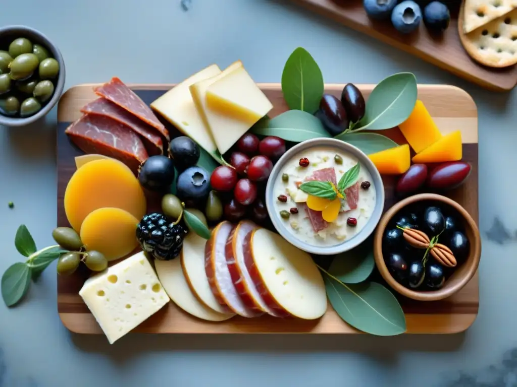 Un festín de aperitivos sin gluten saludables: tabla de embutidos, quesos, frutas y nueces, con coloridos detalles