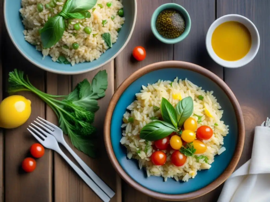 Un festín de arroces sin gluten: paella, risotto, curry y ensalada, en una mesa rústica