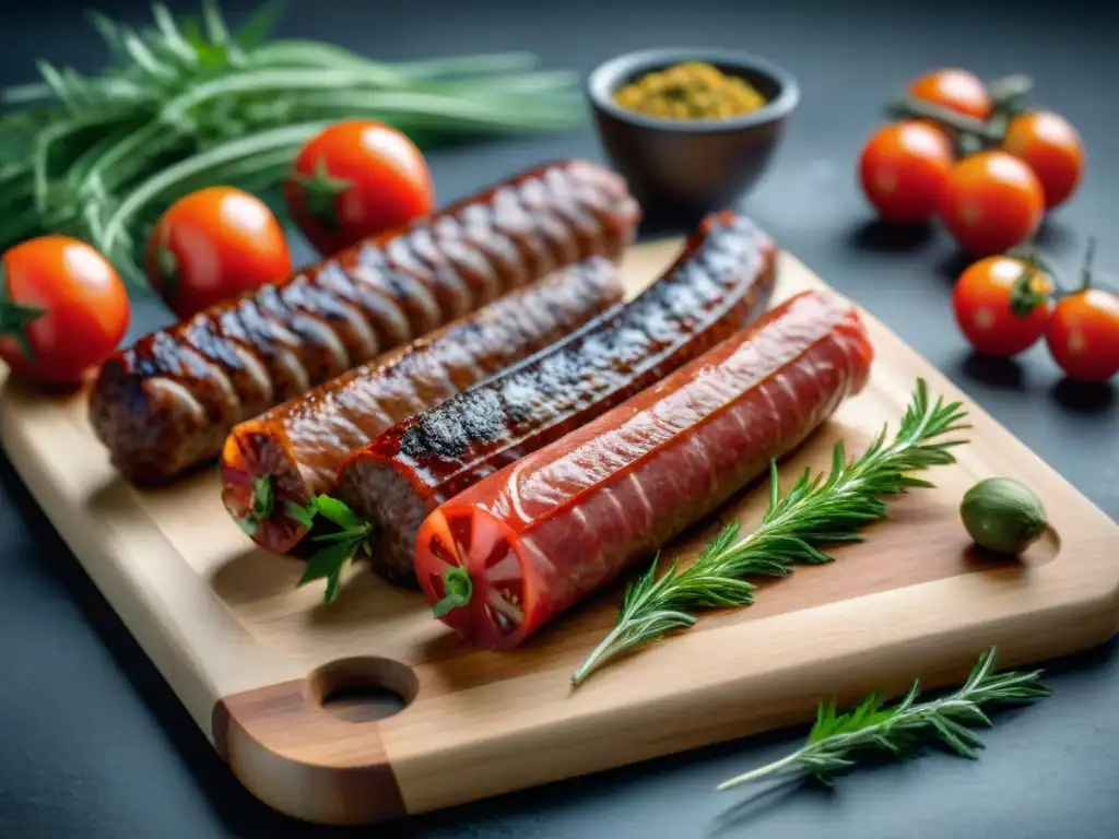 Un festín artesanal de embutidos sin gluten recomendados, rodeados de hierbas frescas y especias coloridas en una tabla de madera rústica