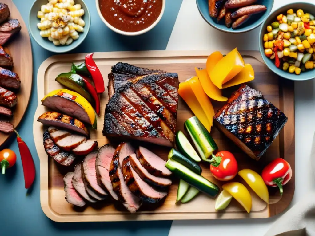 Un festín asado sin gluten con suculentas carnes y vegetales a la parrilla al atardecer, ilustrando técnicas avanzadas para asados sin gluten