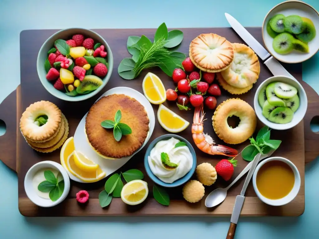 Un festín australiano sin gluten: platos coloridos como langostinos a la parrilla, pastel de canguro, galletas Anzac doradas y pavlova con frutas