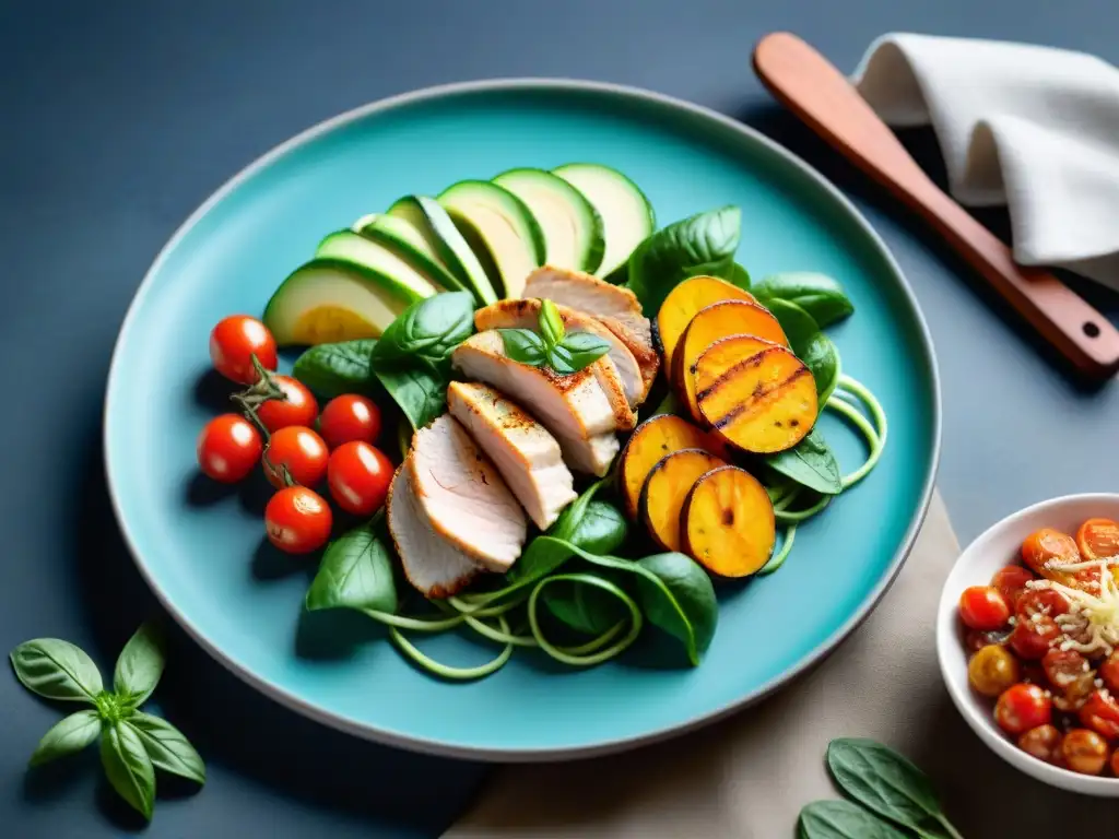 Un festín sin gluten y bajo en carbohidratos: ensalada fresca, zoodles de calabacín con salsa de tomate y batatas asadas