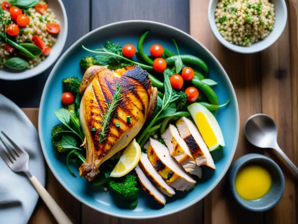 Un festín sin gluten y bajo en FODMAP en una mesa de madera elegante, con vegetales coloridos, pollo a la parrilla y ensalada de quinoa