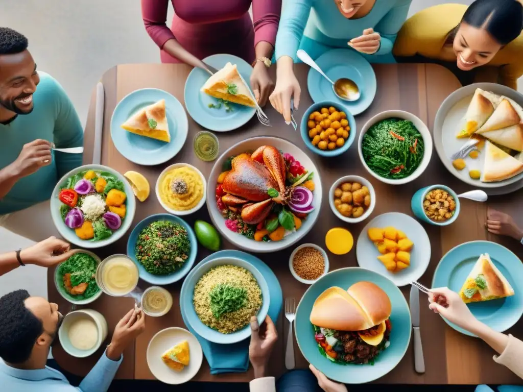 Un festín cálido y colorido de personas compartiendo una comida sin gluten