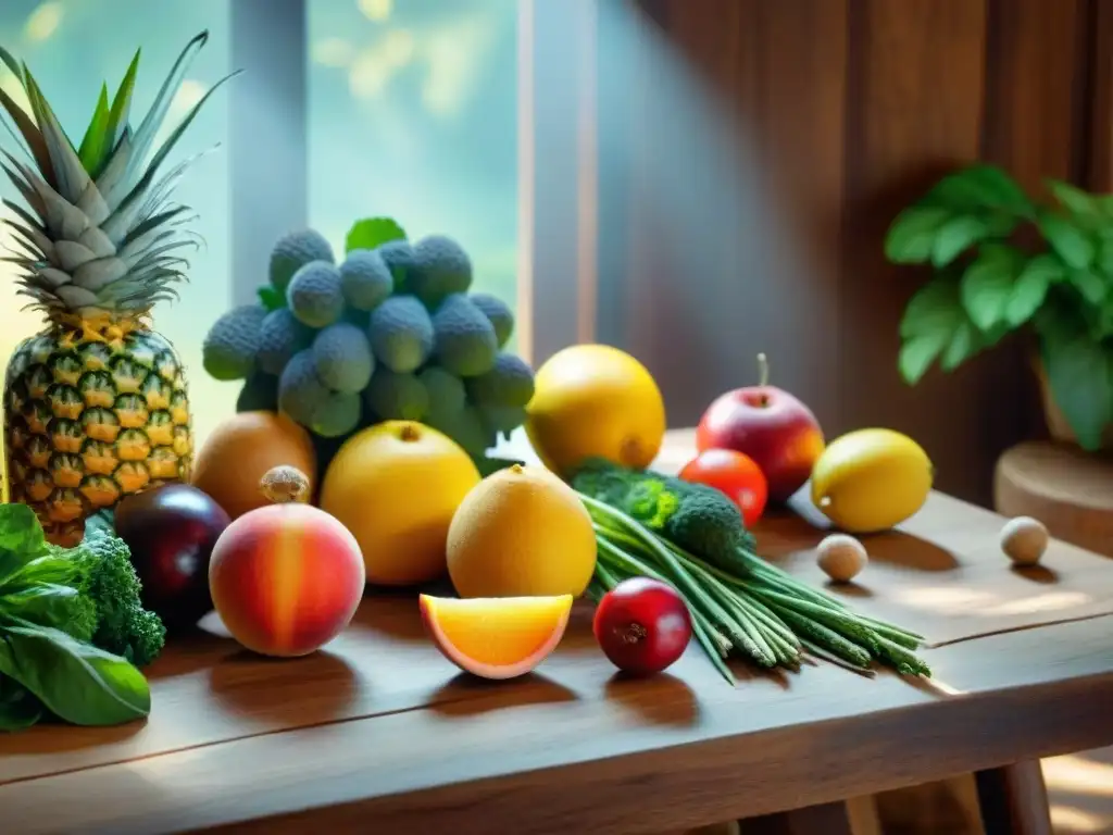 Un festín sin gluten en el campo: frutas, verduras y granos frescos en una mesa de madera