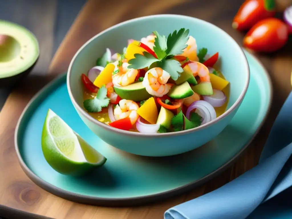 Un festín de ceviches sin gluten frescos, con mariscos y cítricos, sobre tabla de madera, en escenario playero