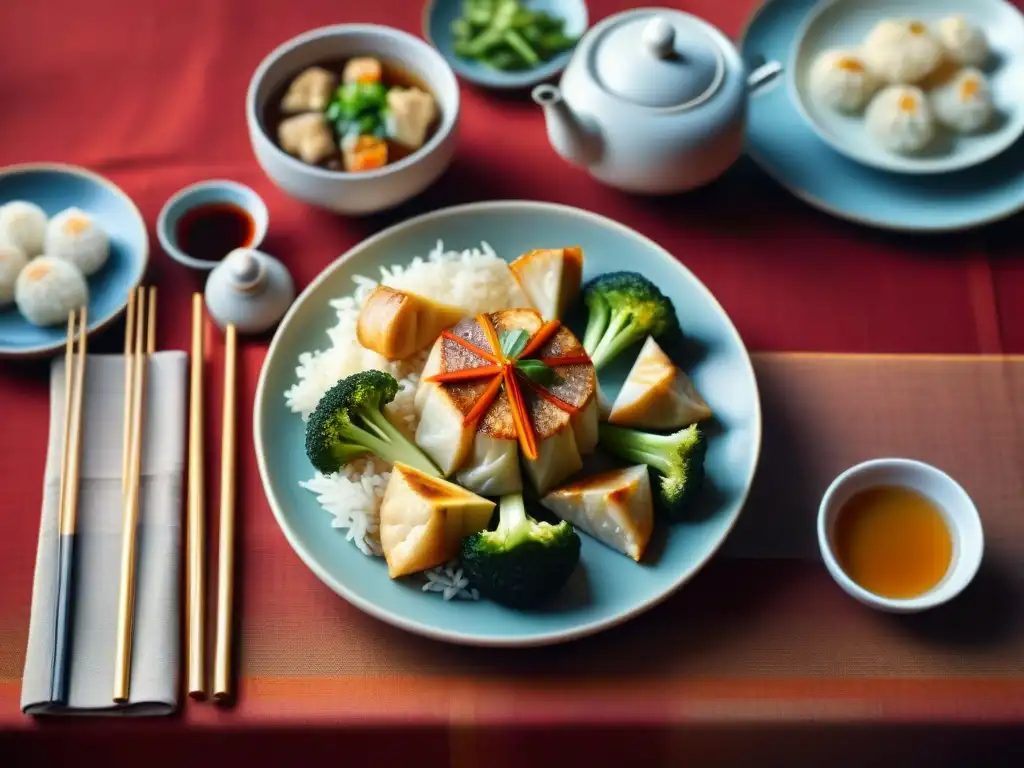 Un festín chino sin gluten en una mesa elegantemente decorada con platos coloridos y exquisitos