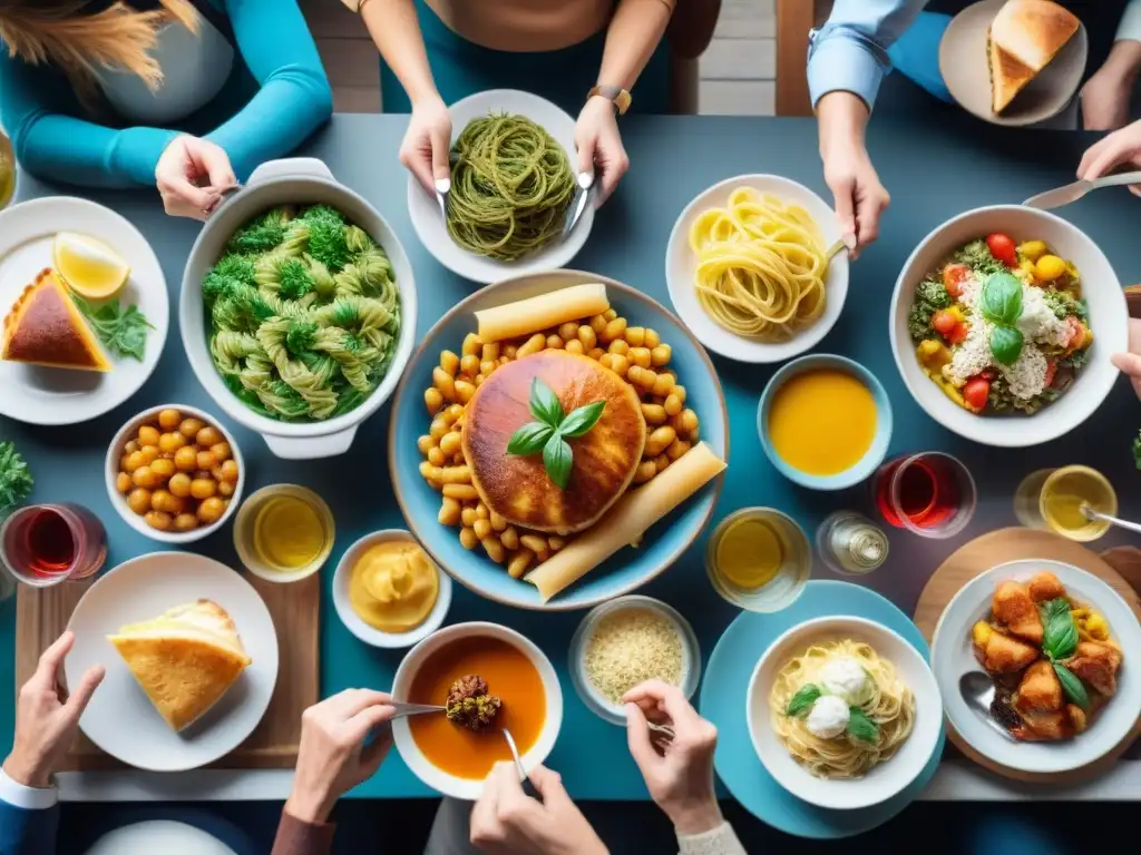 Un festín de cocina sin gluten con recetas tradicionales, uniendo a personas de diversas edades y orígenes alrededor de una mesa colorida y acogedora