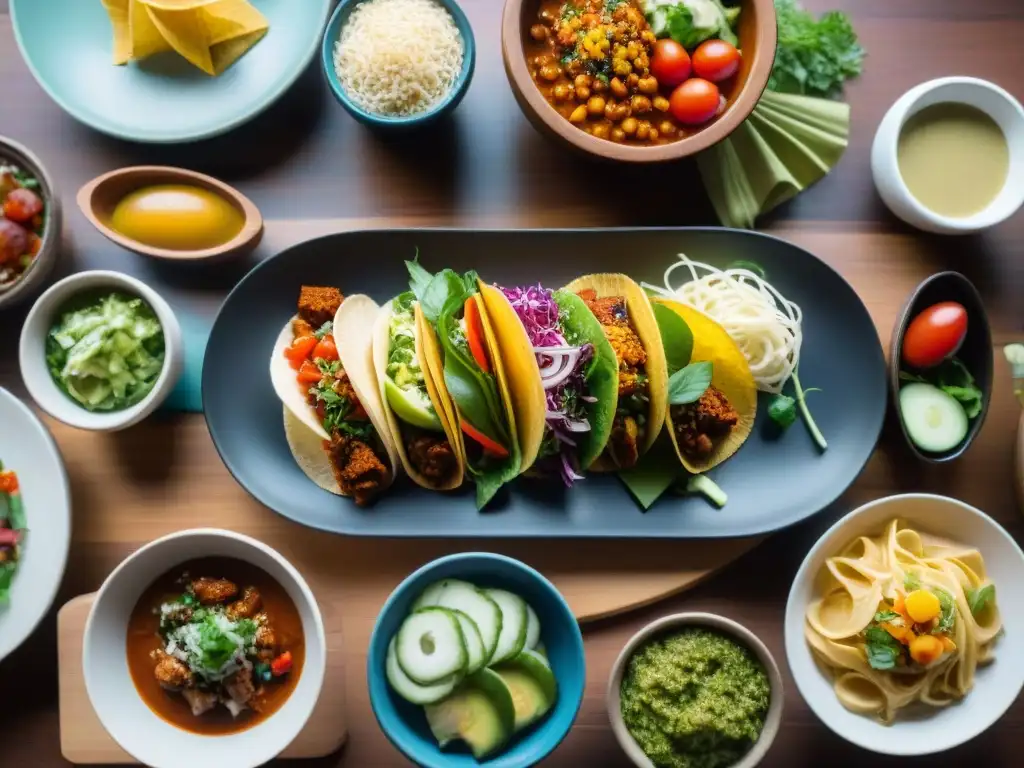 Un festín de cocina internacional sin gluten recetas, con platos coloridos de diversas culturas en una mesa de madera