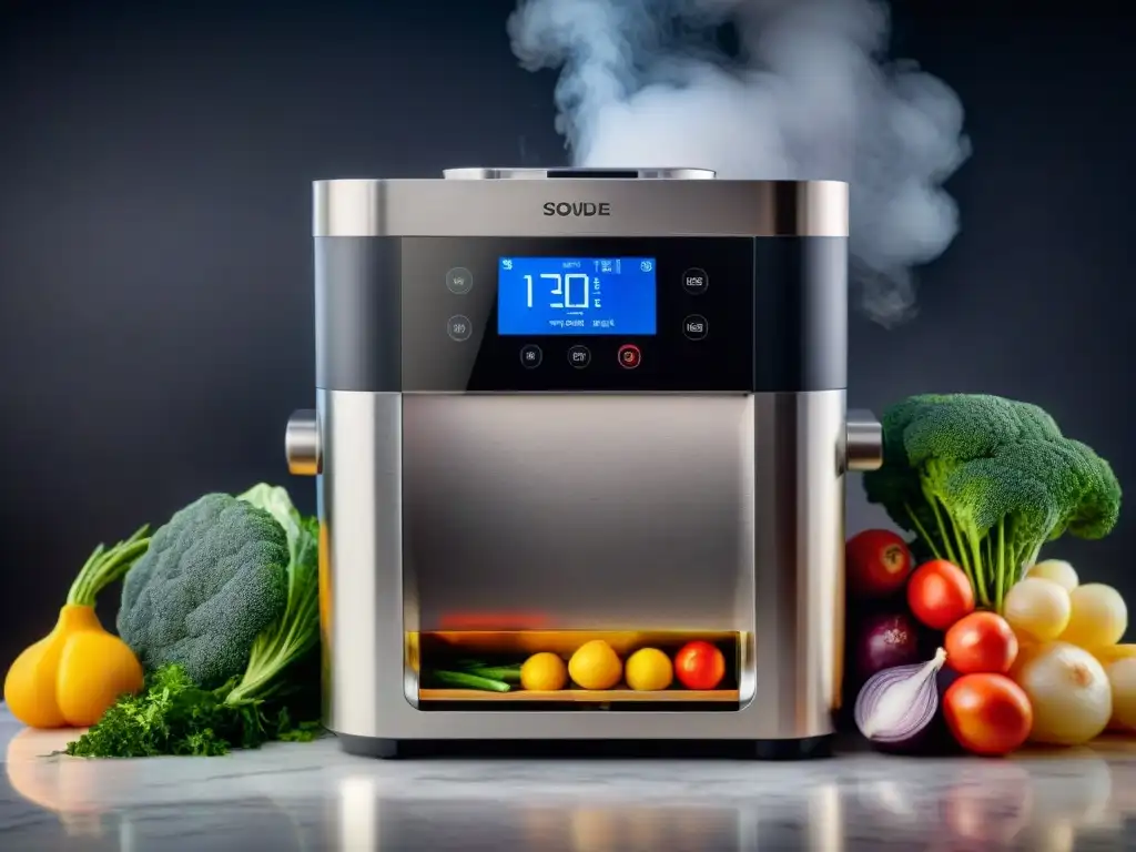 Un festín de colores y sabores: máquina sousvide moderna rodeada de ingredientes frescos en un elegante mostrador de mármol