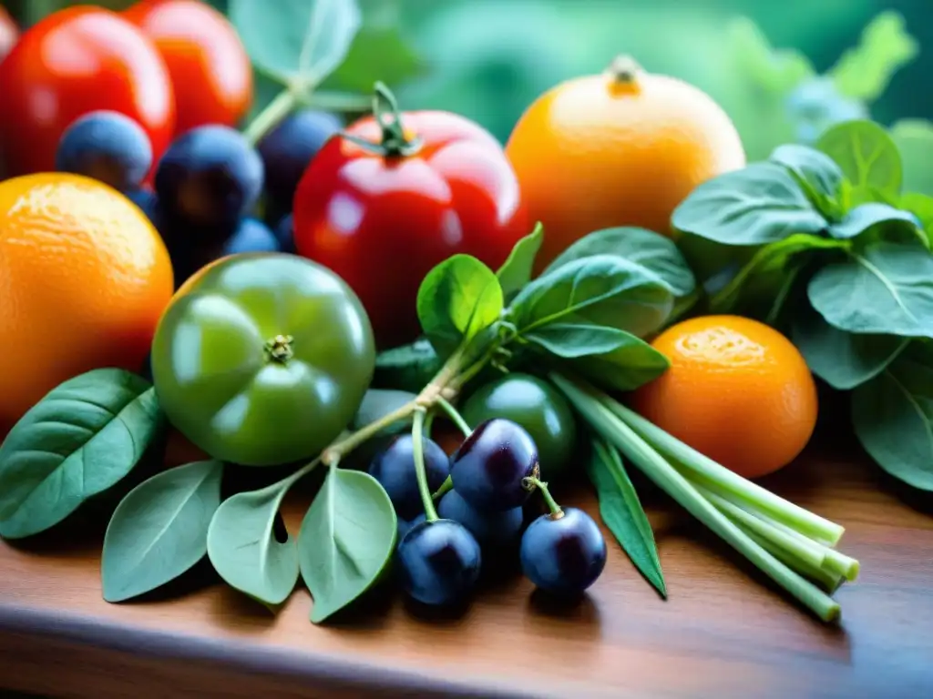 Un festín de colores y texturas de frutas y verduras frescas en una mesa rústica, destacando los beneficios de vitaminas en dieta sin gluten