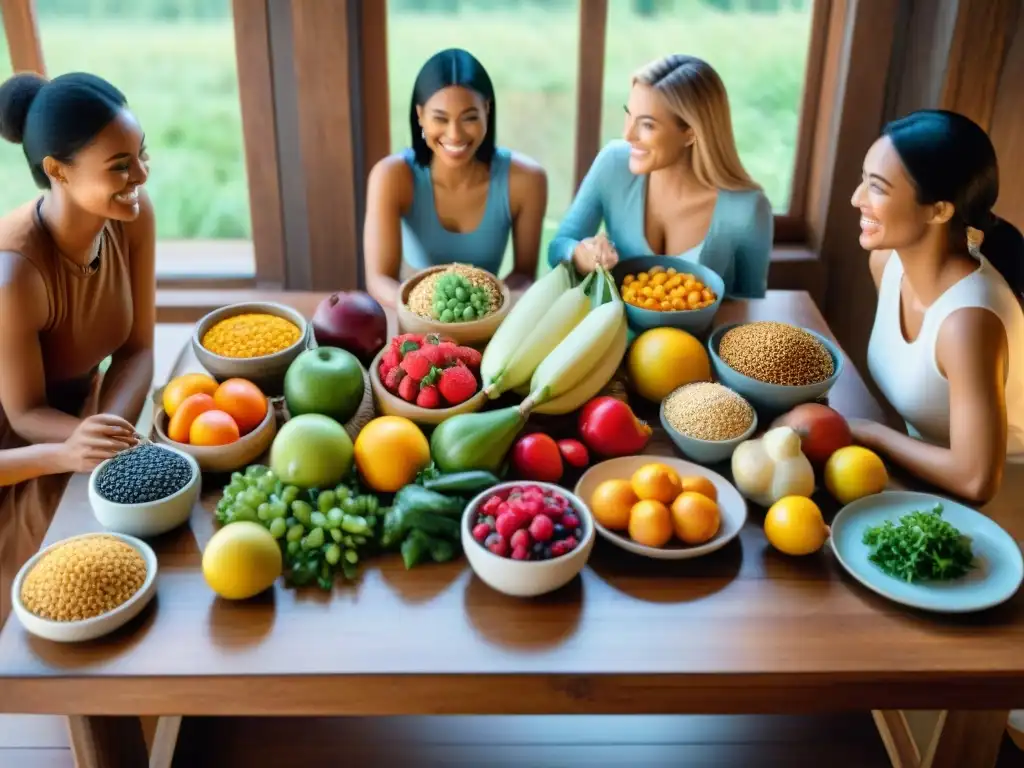 Un festín colorido de alimentos sin gluten y aptos para la dieta FODMAP, en una mesa rústica con iluminación natural cálida