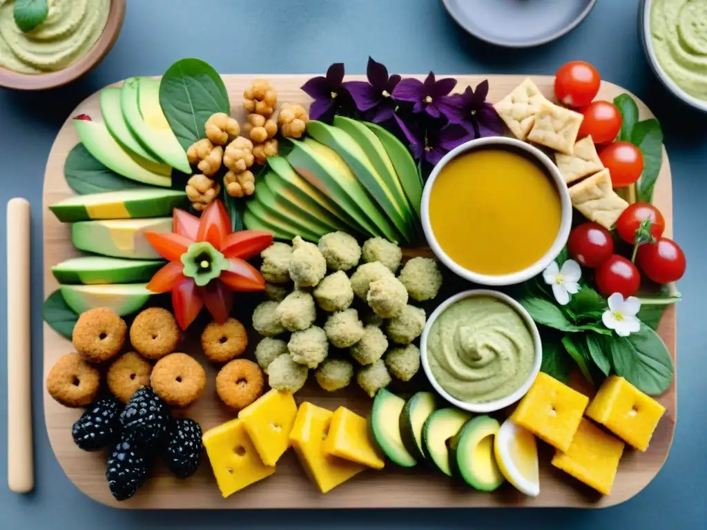 Un festín colorido de aperitivos sin gluten saludables: brochetas de verduras, bocaditos de garbanzos, hummus de aguacate y frutas frescas