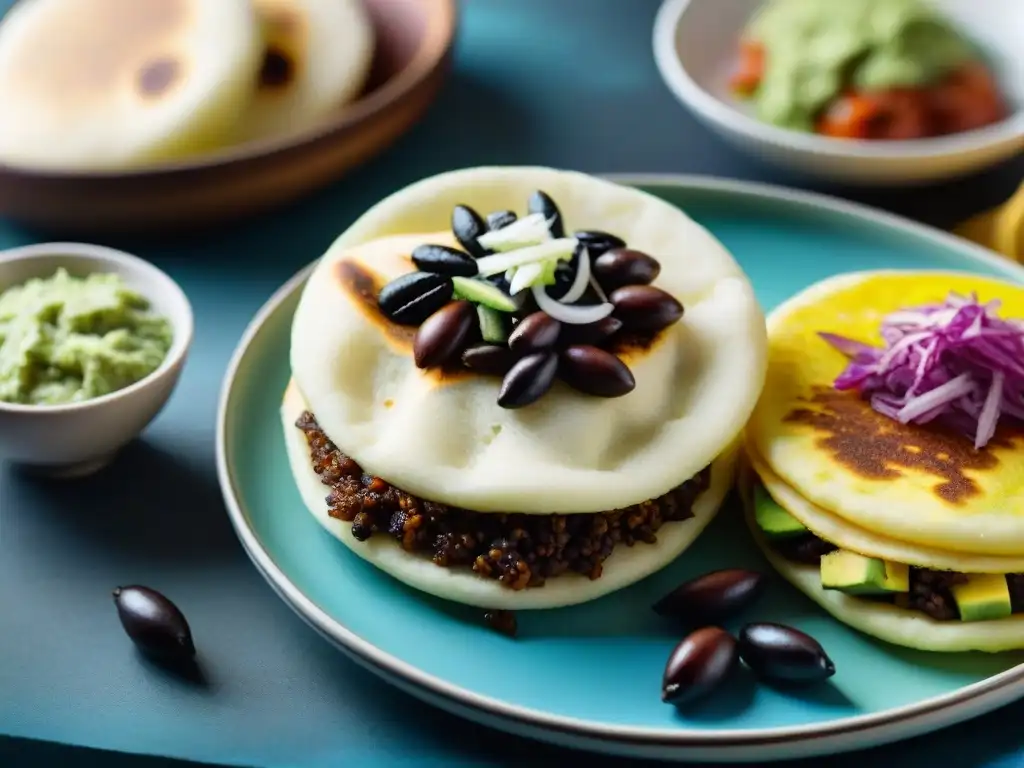 Un festín colorido de arepas sin gluten, rellenas con ingredientes tradicionales latinos, en un ambiente alegre y acogedor