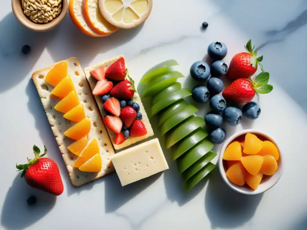 Un festín colorido y fresco de snacks sin gluten en mármol blanco