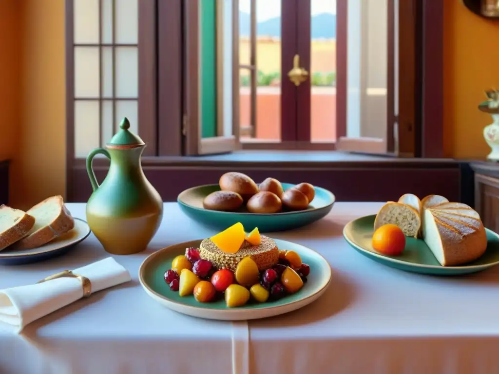 Un festín colorido sin gluten en restaurante murciano: platos tradicionales como zarangollo y paparajotes, bañados por la cálida luz mediterránea