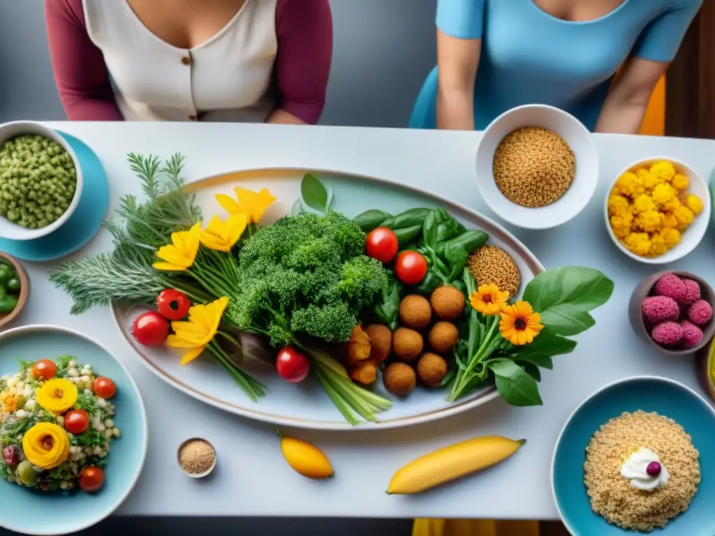 Un festín colorido sin gluten: mesa elegante con diversidad de personas disfrutando de deliciosas recetas sin gluten sustituto trigo