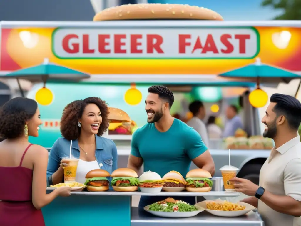 Un festín de comida rápida sin gluten en un festival al aire libre, donde la diversidad y la alegría se unen