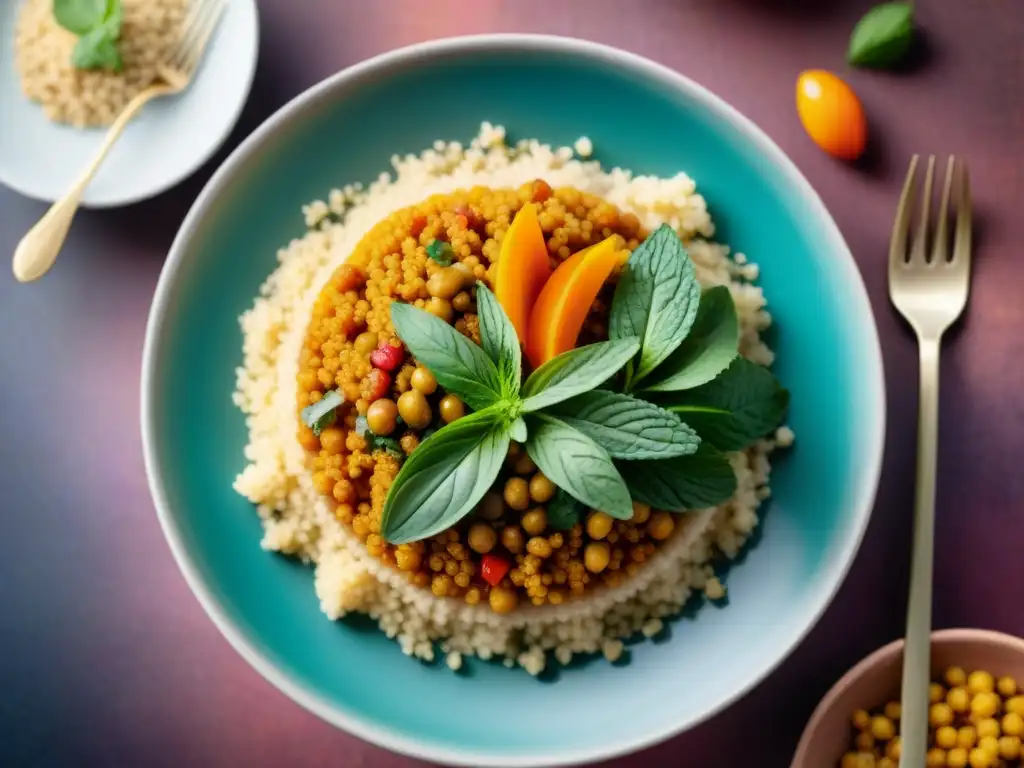 Un festín de couscous africano sin gluten, con verduras y hierbas aromáticas, en un plato de cerámica artesanal