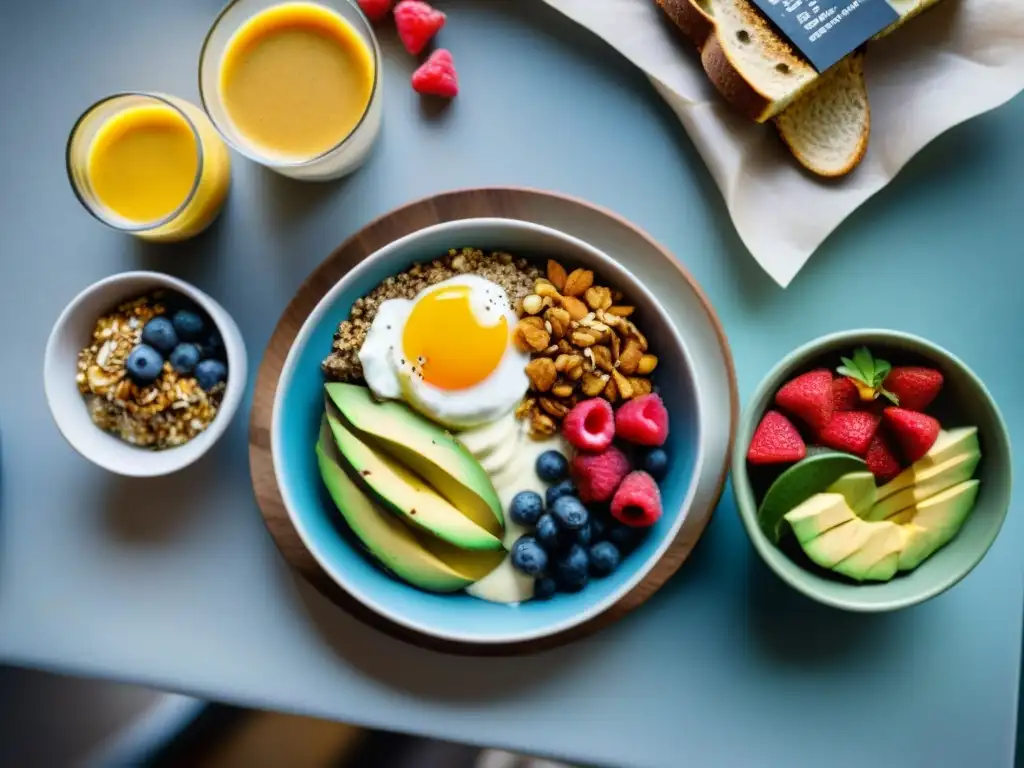 Un festín de desayuno sin gluten equilibrado: frutas frescas, yogur con granola, tostada de aguacate, chía y bowl de smoothie colorido