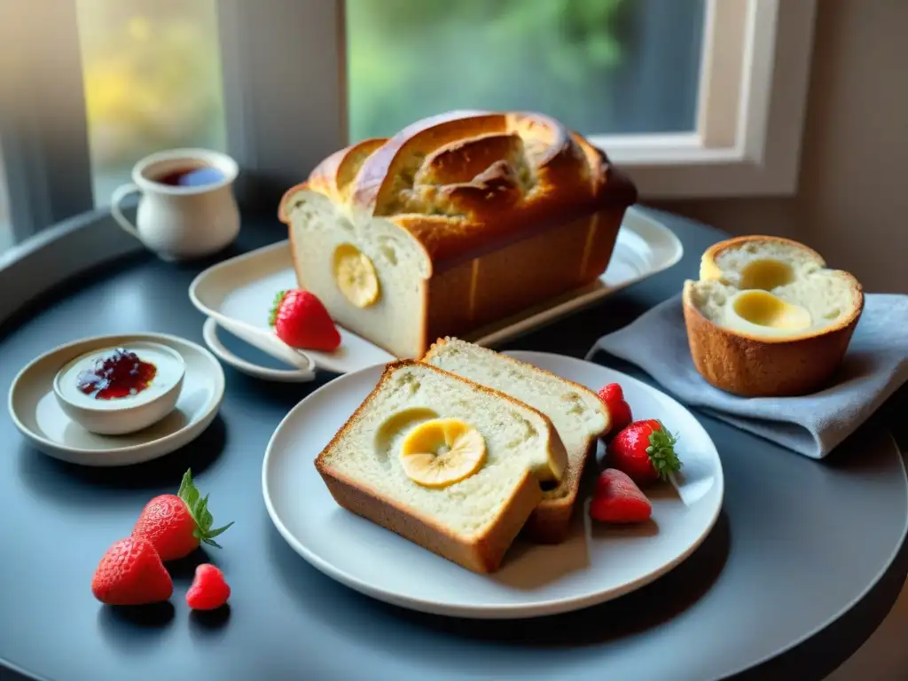 Un festín de desayuno sin gluten: pan de plátano esponjoso, baguette crujiente, mermelada de fresa casera y café humeante