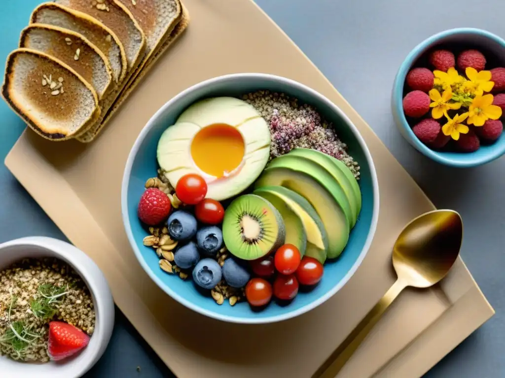 Un festín de desayunos sin gluten energéticos innovadores en una mesa de madera con luz natural