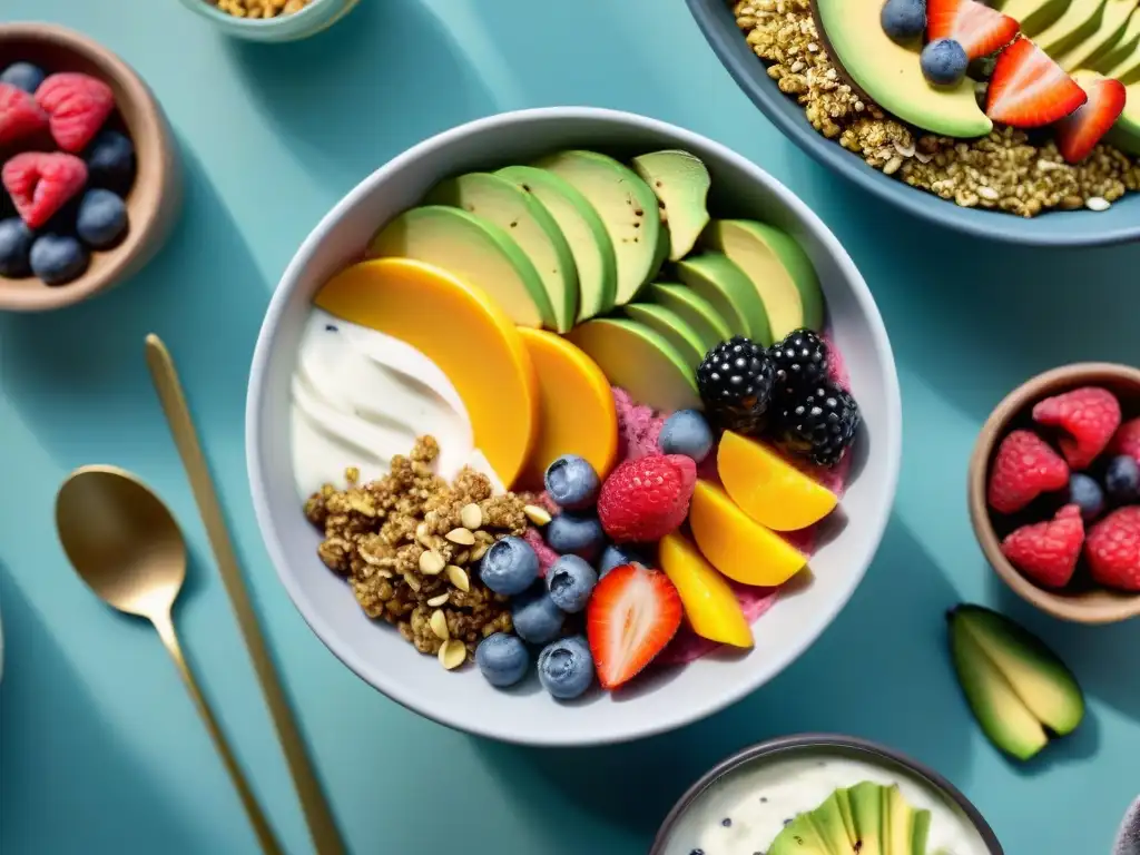 Un festín de desayunos veganos sin gluten energía: bowls de smoothie, chía pudding, tostadas de aguacate y yogur de coco