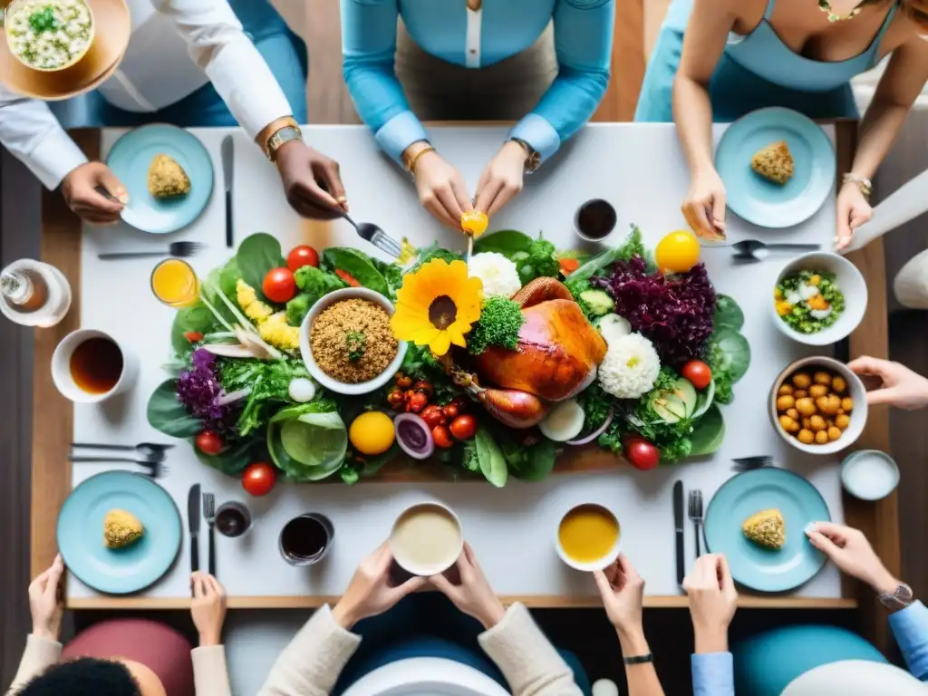 Un festín diverso y colorido en una mesa elegante, donde la alegría y la comida sin gluten unen a la comunidad