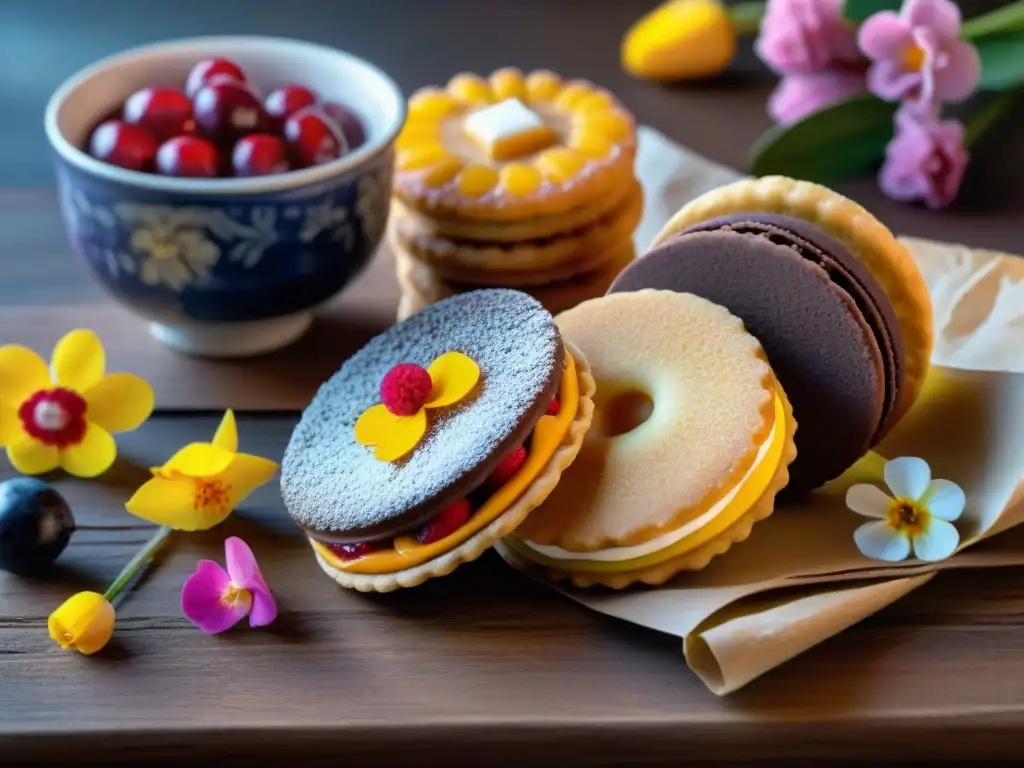 Un festín de dulces latinos sin gluten en una mesa rústica, decorados con frutas y flores, invitando a saborear