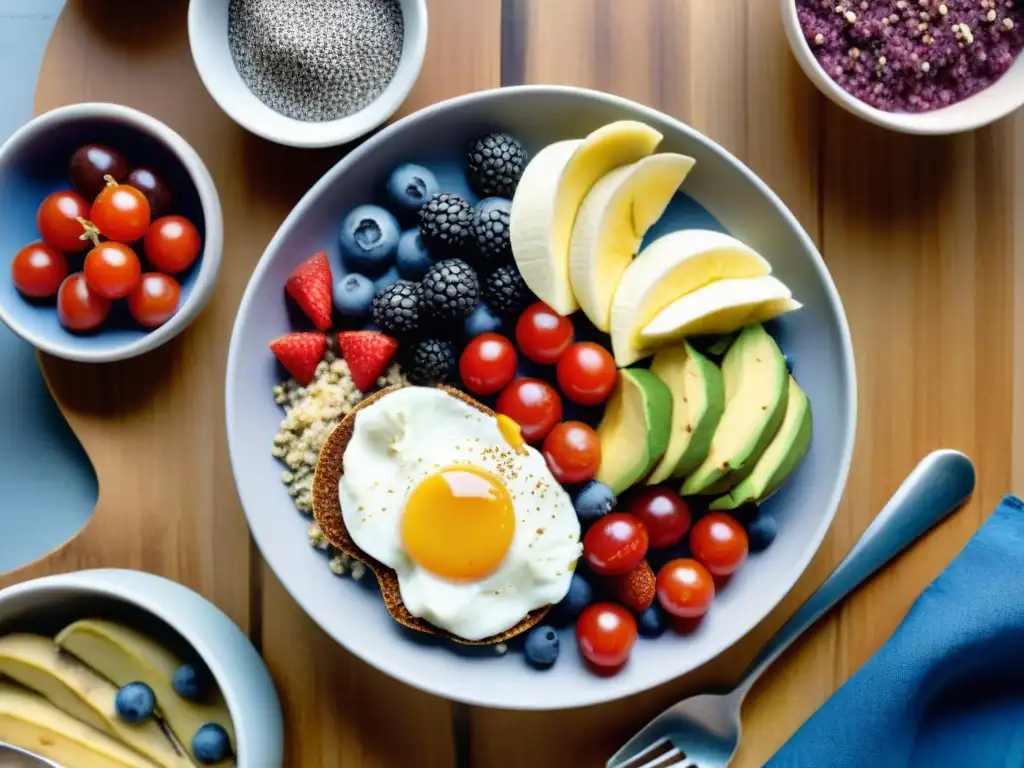 Un festín energético sin gluten: acai bowls, chía pudding, pancakes, pan de aguacate y frutas, en mesa de madera al amanecer