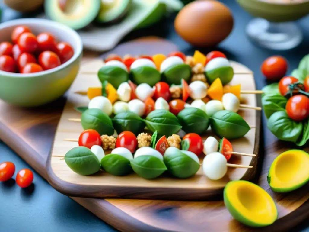 Un festín sin gluten para fiesta: mini brochetas caprese, huevos rellenos de aguacate, tazas de ensalada de quinoa y brochetas de frutas frescas