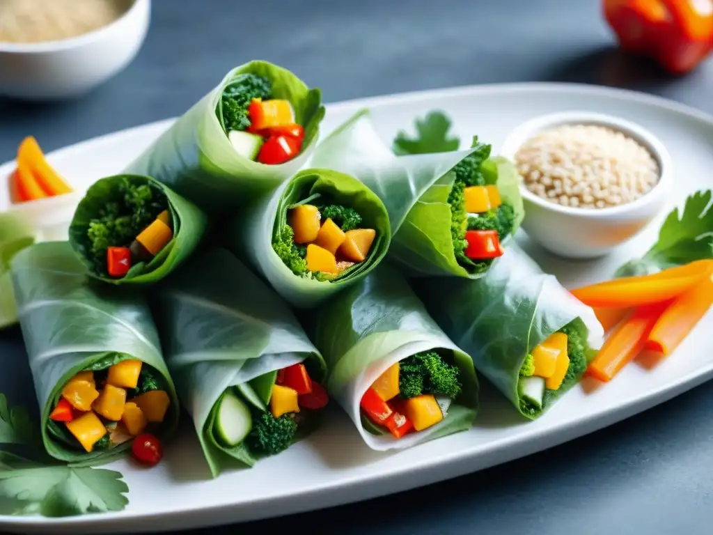 Un festín de frescura y color: rollitos de primavera sin gluten con vegetales variados, presentados de forma elegante