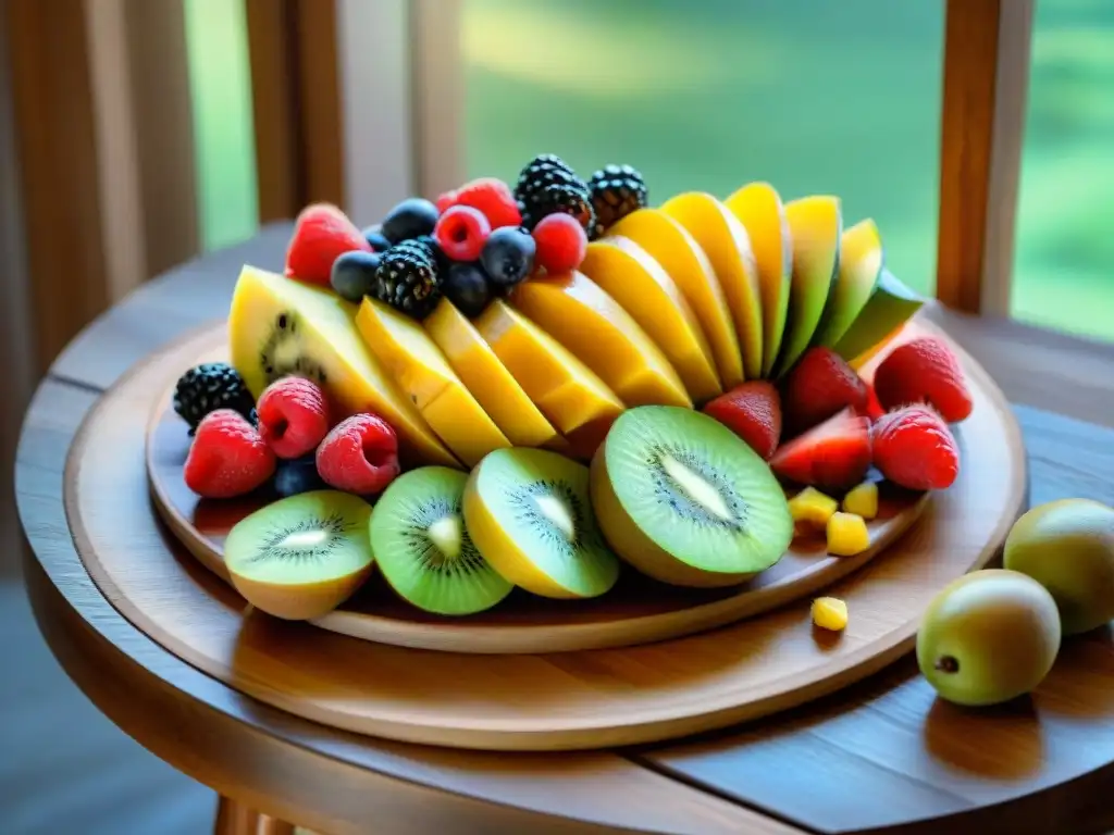 Un festín de frutas veraniegas vibrantes en una mesa rústica de madera, evocando frescura y indulgencia para postres sin gluten en verano