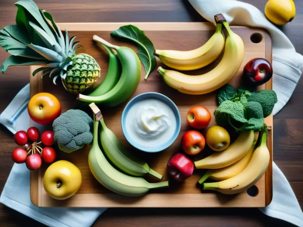 Un festín de frutas y verduras coloridas en tabla de madera iluminado suavemente, beneficios prebióticos probióticos sin gluten