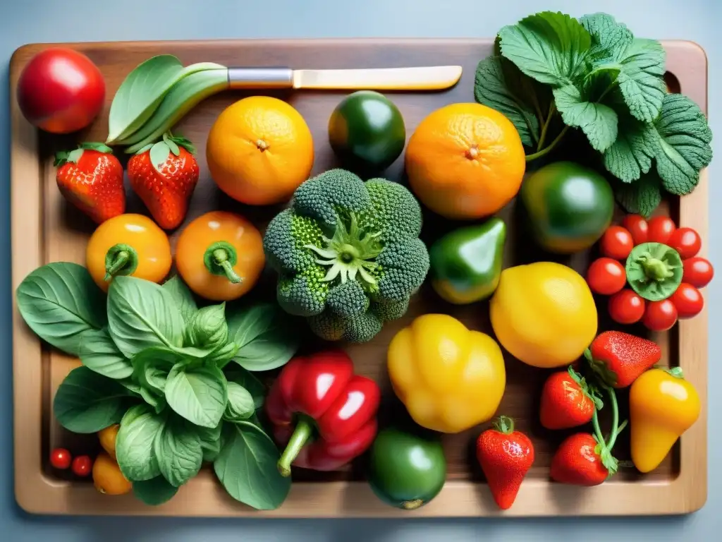 Un festín de frutas y verduras coloridas en una tabla de cortar de madera