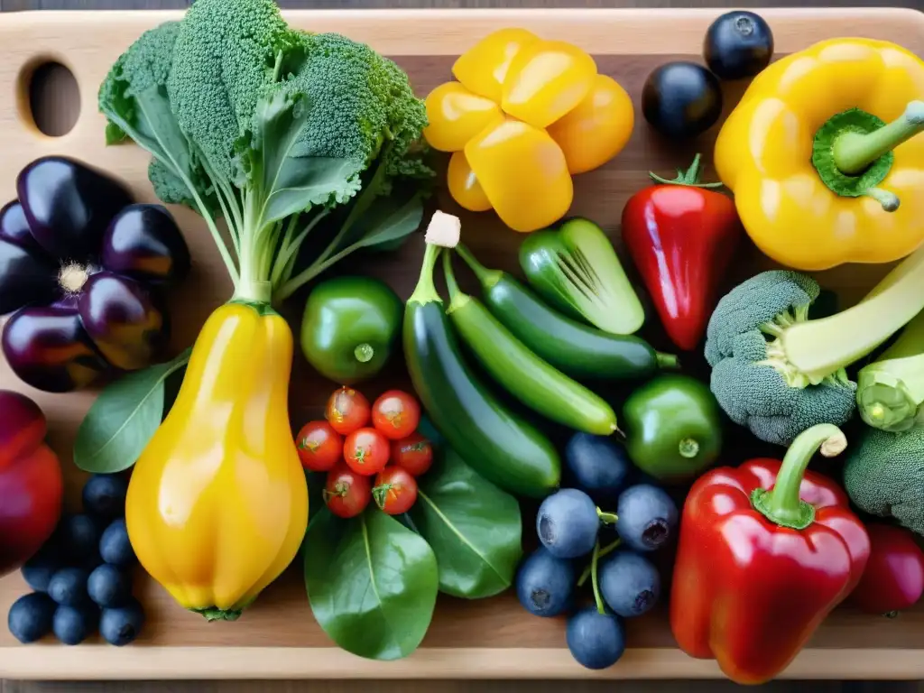 Un festín de frutas y verduras coloridas en tabla de madera