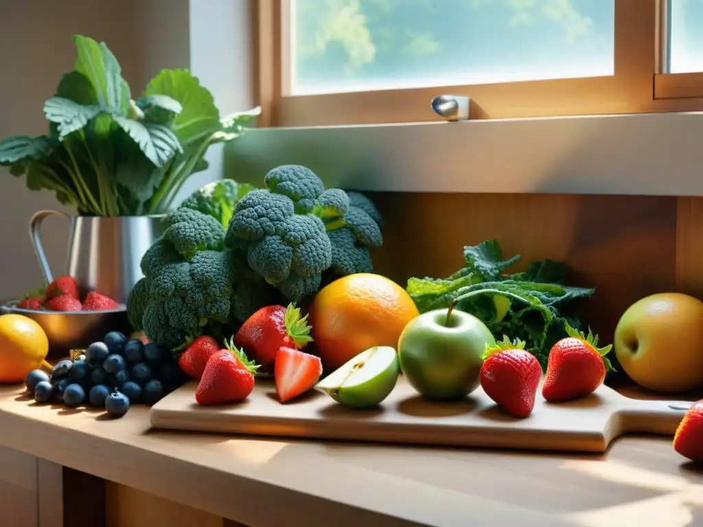 Un festín de frutas y verduras frescas en una tabla de cortar de madera, bañadas por la luz del sol