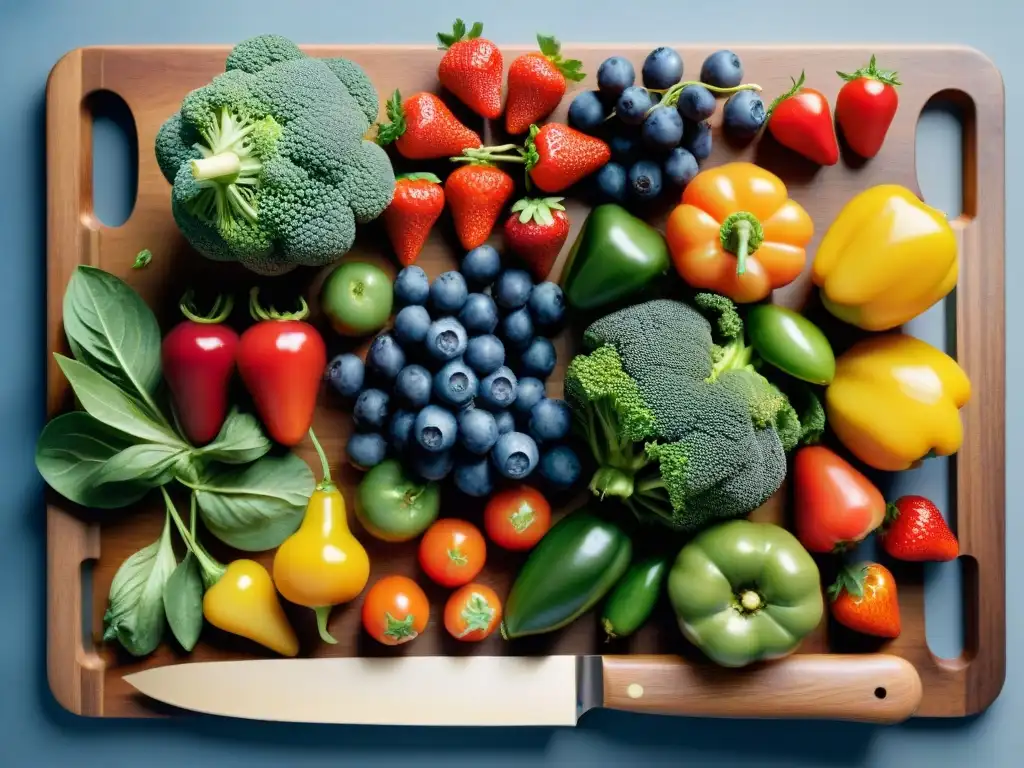 Un festín de frutas y verduras frescas en una tabla de cortar de madera, ideal para una dieta FODMAP baja en gluten