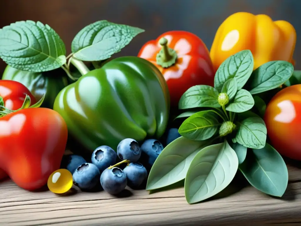 Un festín de frutas y verduras frescas en una mesa de madera rústica, transmitiendo la esencia de una dieta FODMAP baja en gluten