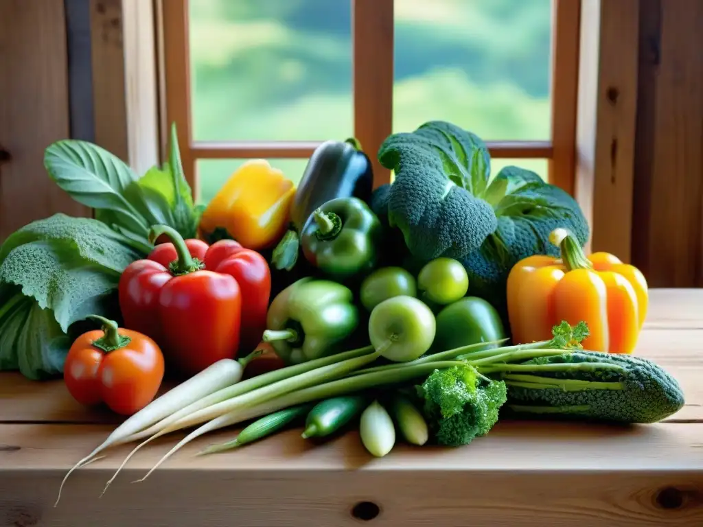 Un festín de frutas y verduras frescas y coloridas en una mesa rústica, iluminado por el sol