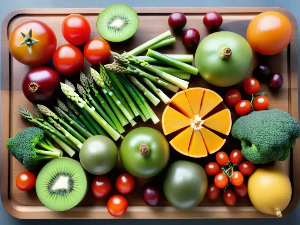 Exquisita variedad de frutas y verduras frescas en tabla de madera Un festín de frutas y verduras frescas en tabla de madera